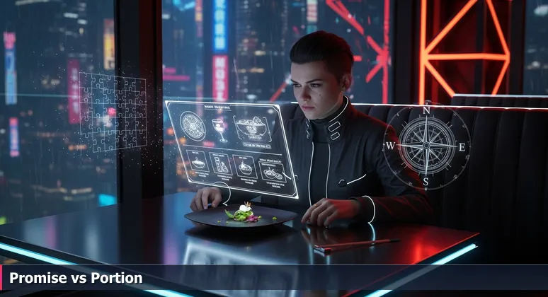 A person calculating affordability while holding a restaurant menu labeled 'Baton Rouge 2026', with a small plate of food, representing tech salary vs living costs.