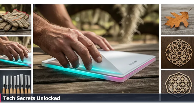Close-up of hands holding a library manual titled 'Intro to Laser Cutting' on a picnic table in a Baton Rouge park, with Spanish moss in the background, representing accessible tech education.