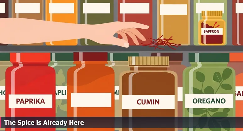 A hand reaching past a spice rack with common spices like cumin and paprika, ignoring them for saffron, symbolizing overlooked AI careers in Baton Rouge's local industries.