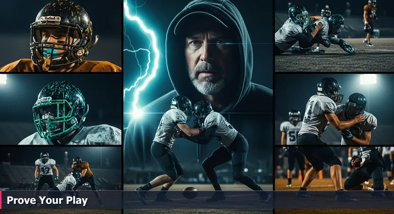 A Baton Rouge high school football coach intently watches a walk-on player execute a perfect tackle under stadium lights, symbolizing skill over pedigree in tech careers.