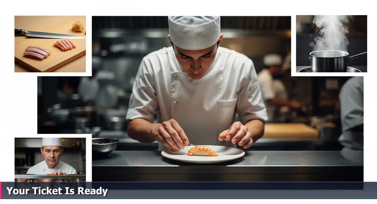 A chef's hands carefully plating sushi in a busy kitchen, symbolizing the high-stakes responsibility of junior developers at Baton Rouge startups.