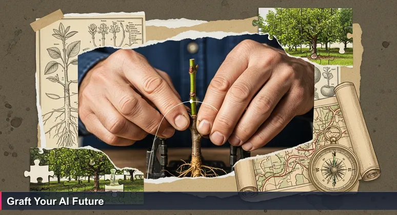 Close-up of weathered hands grafting a delicate scion onto sturdy local rootstock, symbolizing the integration of AI skills into Tyler's established industries.