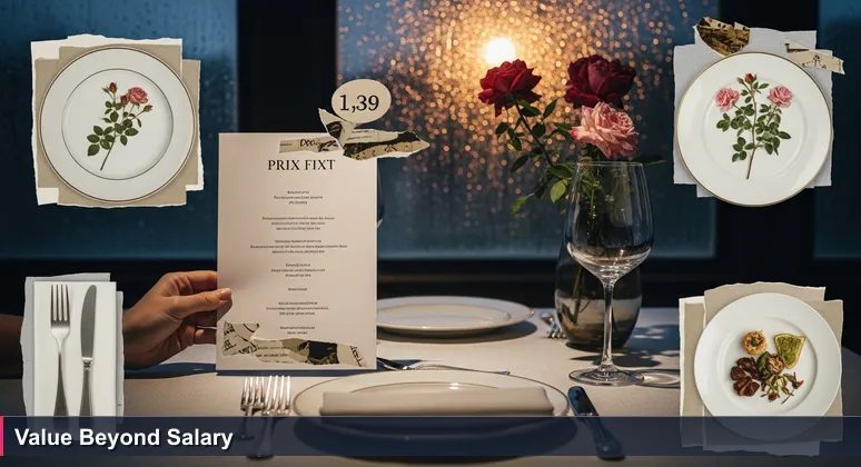 Close-up of a diner's hand holding a prix fixe menu in a restaurant, with a blurred Tyler rose garden outside, symbolizing hidden tech compensation value.