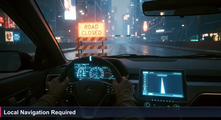 A driver's hands on a steering wheel at dusk, with a GPS screen showing a route and a 'Road Closed' sign visible through the windshield.