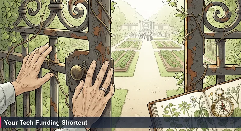 Weathered hands pushing open a rusty, overgrown garden gate to reveal a hidden, manicured path with vegetables, symbolizing accessible tech funding in Tyler, Texas.