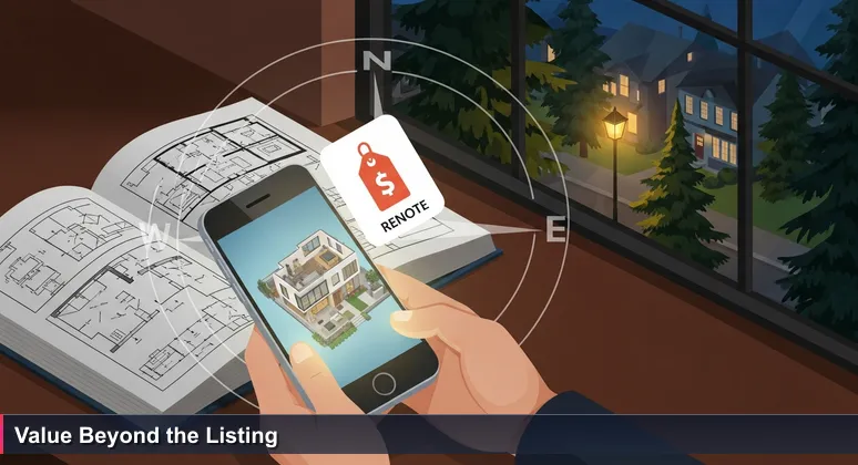 Hands holding a smartphone at dusk, screen showing a real estate listing with a reflection of a cozy Tyler neighborhood with pine trees in the window.
