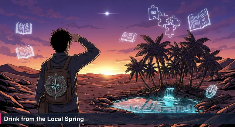 A person in a Texas landscape looking at a distant mirage, with a clear spring nearby, symbolizing the accessible AI networking opportunities in Tyler, TX for 2026.