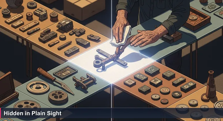 Close-up of weathered hands appraising a rusty tool at a Tyler flea market, symbolizing hidden AI career opportunities in East Texas.