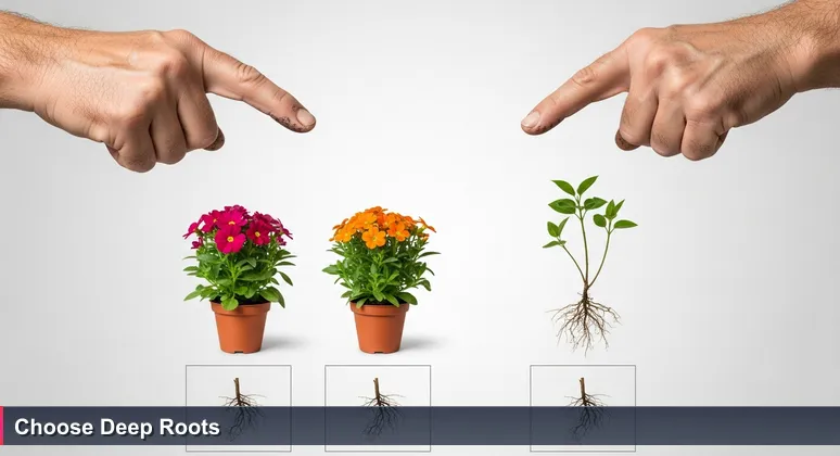 Close-up of a gardener's hands in soil, choosing between a blooming flower and a sapling with deep roots, symbolizing career decisions in Tyler's tech market.