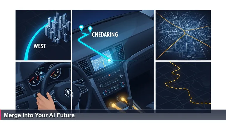 A car dashboard GPS screen at night displaying two routes from Tyler, TX to Dallas, symbolizing career path choices in AI bootcamps for screen readers.