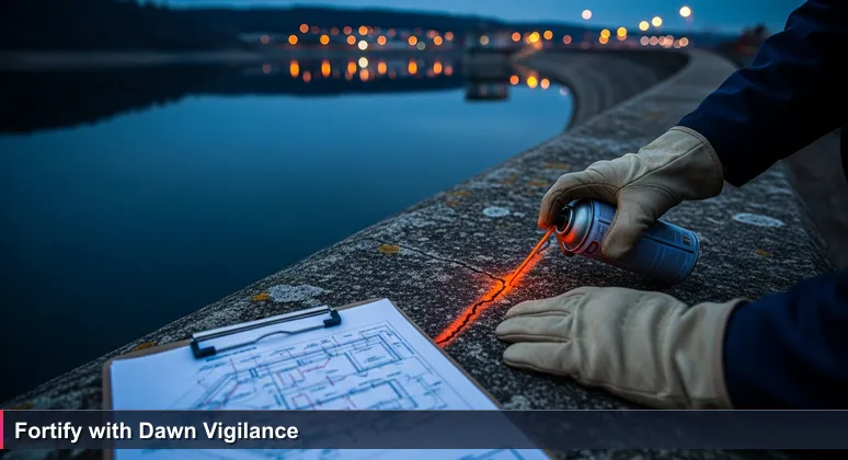 Close-up of a utility worker's hands inspecting a crack on a concrete levee at dawn, with Tyler city lights reflecting on water, symbolizing cybersecurity vigilance.