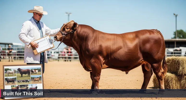 An East Texas county fair judge thoughtfully evaluating a prize-winning bull, symbolizing pragmatic assessment of AI startups rooted in Tyler's local economy.