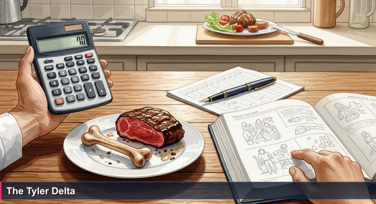 A close-up of an empty steak plate with a calculator showing a high bill, and a home-cooked meal in the background, symbolizing the gap between salary and living costs in Tyler, TX.