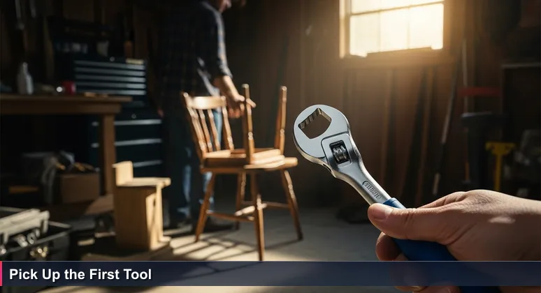 A person in a Tyler, TX garage hesitating before a toolbox, symbolizing the start of free tech training at local libraries and community centers.