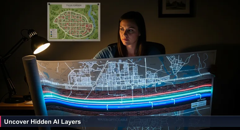 A city planner in Tyler, Texas unrolls a detailed map of underground infrastructure like water mains and fiber optic lines, with a simple rose garden map in the background, symbolizing hidden AI career opportunities.