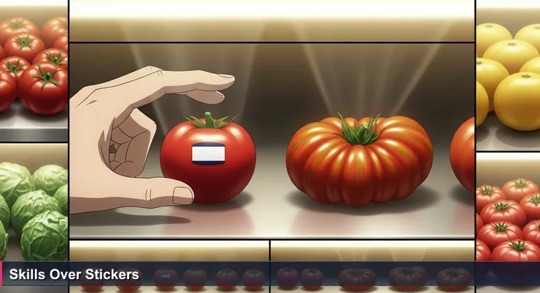 A hand hesitates between a perfectly labeled tomato and a vibrant heirloom tomato in a Tyler grocery store, symbolizing the choice between formal degrees and practical skills in tech jobs.