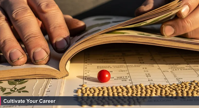 Close-up of gardener's hands with soil, turning pages of a seed catalog with a unique heirloom seed highlighted, symbolizing finding the right tech startup in Tyler.