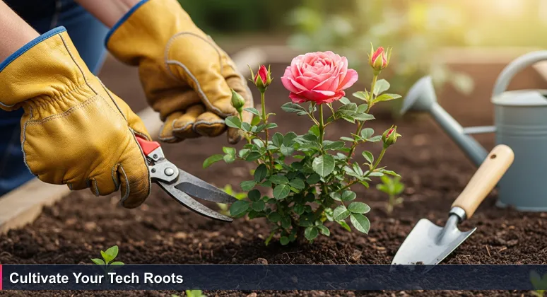 A gardener's hands in worn leather gloves carefully pruning a rosebush in a Tyler garden, symbolizing nurturing support for women in tech careers.