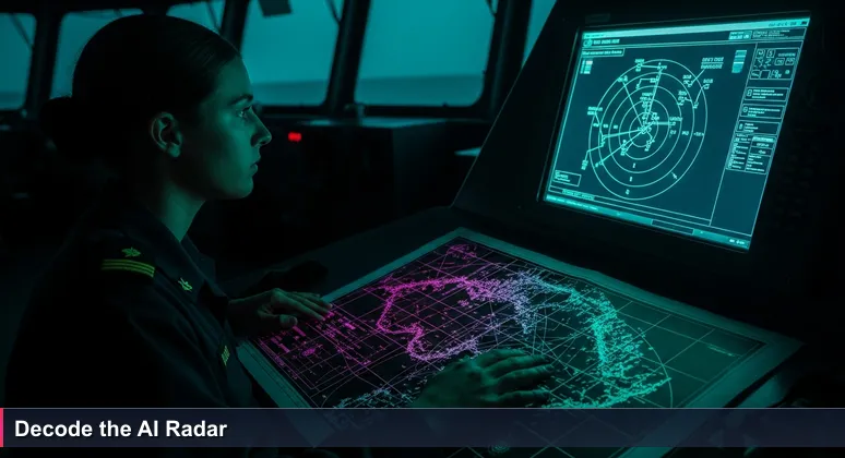 A focused individual on a ship's bridge at night, analyzing a glowing radar screen, symbolizing the strategic navigation of an AI career in Virginia Beach's tech landscape.