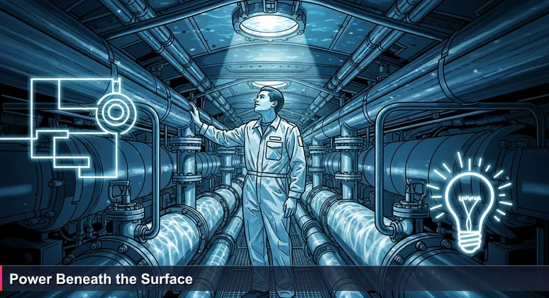 An engineer in a massive ship engine room feels the vibration of machinery, with a porthole view of the ocean surface above.