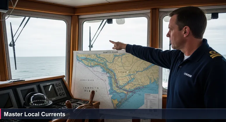 A ship captain on the bridge in Chesapeake Bay, pointing to a nautical chart of Hampton Roads, symbolizing the journey to becoming an AI engineer in Virginia Beach.