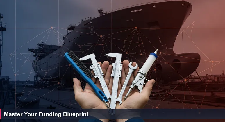A shipyard worker's weathered hands holding new, unused tools against a partially built ship hull, symbolizing the array of funding options for tech training in Virginia Beach.