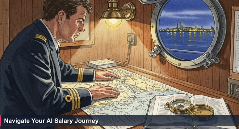 A ship's captain at twilight on the Chesapeake Bay, leaning over a wooden chart table with a detailed nautical map showing handwritten notes on currents and sandbars, and naval base lights visible through a porthole.