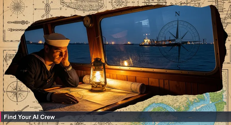 A sailor studies a nautical chart alone in a cabin at dusk, with other ships' lights glowing on the Chesapeake Bay outside, symbolizing the value of AI community networking in Virginia Beach.