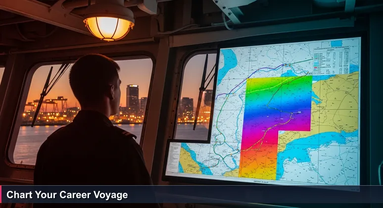 A young officer on a naval ship's bridge at dusk in Hampton Roads, examining a nautical chart overlaid with routes, with shipyards and city lights visible through the window.