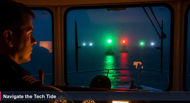 A ship captain at the helm at night, viewing glowing channel marker lights over Hampton Roads harbor, symbolizing informed bootcamp choices for AI careers in Virginia Beach.