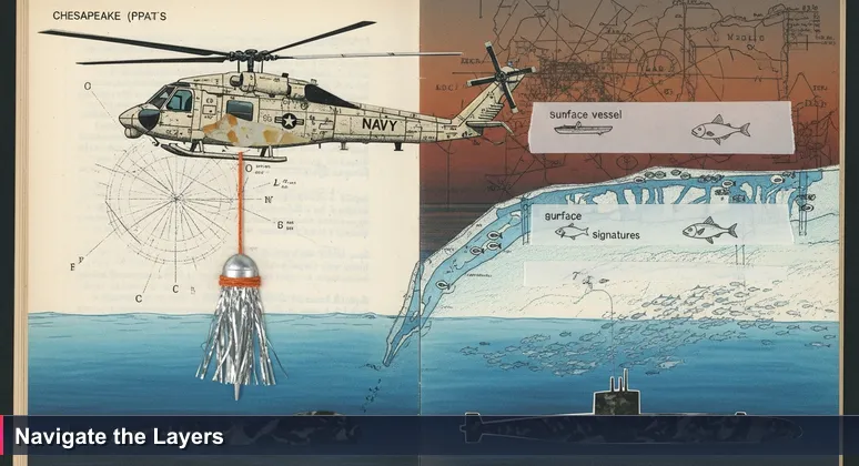 A Navy helicopter hovers over Chesapeake Bay at dusk, with a sonar screen displaying three data layers representing Virginia Beach's cybersecurity job markets: defense, naval, and infrastructure.