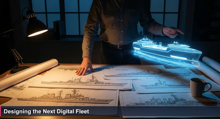 A naval architect in a Virginia Beach shipyard office examining blueprints of traditional and autonomous ships, symbolizing AI innovation choices for Hampton Roads.