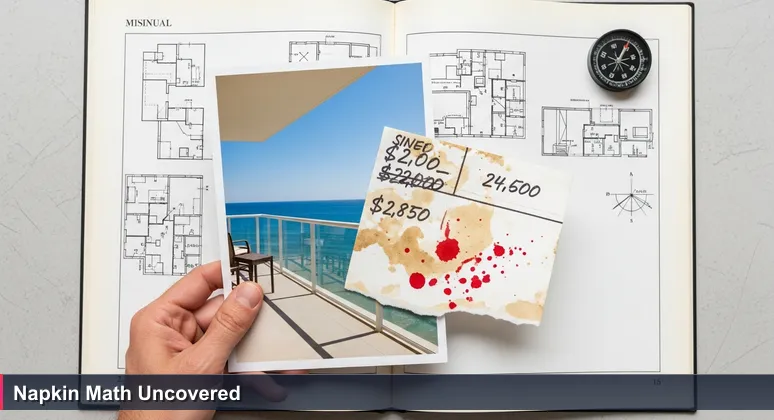 A hand holding a glossy real estate brochure over a napkin with handwritten budget calculations for Virginia Beach living costs.