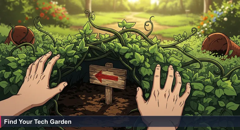 Weathered hands brush aside ivy to reveal a wooden sign pointing to a hidden community garden path, symbolizing free tech training discoveries in Virginia Beach.