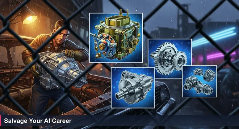 A mechanic in oil-stained coveralls extracts a transmission from a rusty car in a rainy scrapyard, symbolizing the discovery of valuable AI careers in Virginia Beach's traditional industries.
