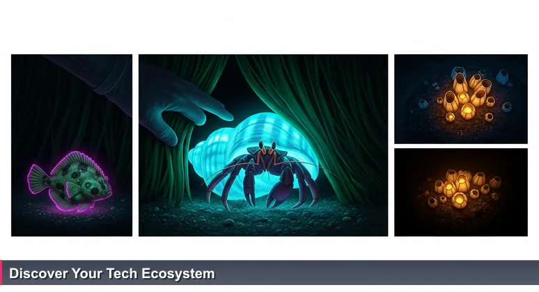 A hand parts seaweed in a Virginia Beach tide pool, revealing a hermit crab with a tech-themed shell, a camouflaged flounder, and barnacles on a rock, symbolizing diverse coworking spaces for tech professionals.