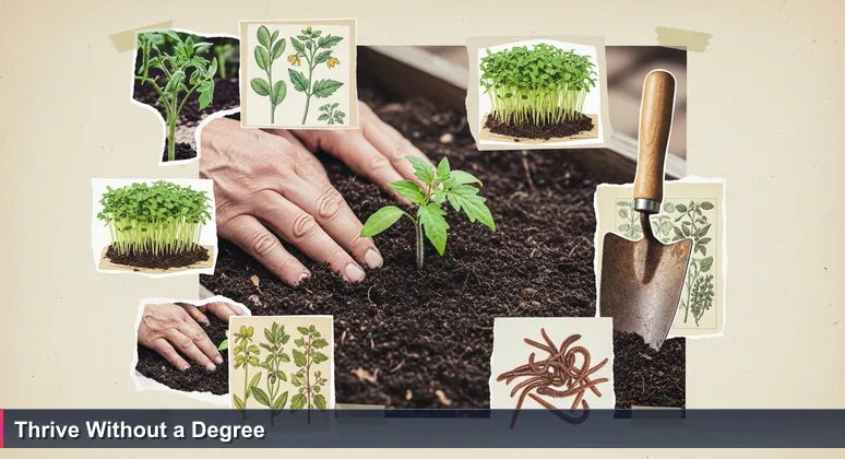 Hands in soil with a volunteer tomato plant in a Virginia Beach garden, symbolizing unexpected tech career growth without formal education.