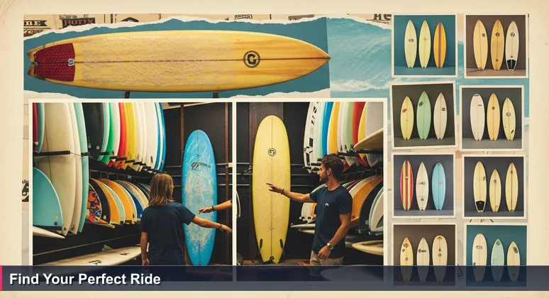 A surfer in a Virginia Beach shop choosing between a flashy surfboard and a stable one, symbolizing the decision between high-tech startups and mentor-driven roles for junior developers.