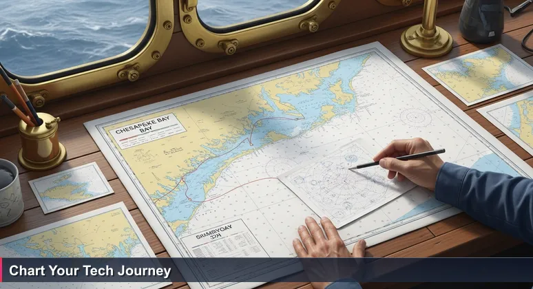 A mariner's hand traces a route on a nautical chart of Chesapeake Bay, with the open ocean visible through a porthole, symbolizing navigation through Virginia Beach's tech communities.