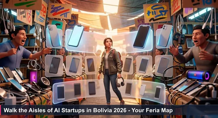 A crowded feria aisle in El Alto with stalls of used smartphones and hand-painted “TOP 10” signs; a young woman with a backpack pauses between vendors, city skyline in background.