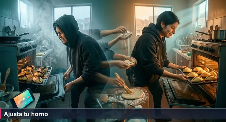 Small La Paz kitchen at dawn; a young person in a hoodie opens a gas oven to find exploded salteñas with filling spilling, a phone showing a perfect tutorial, steam rising.
