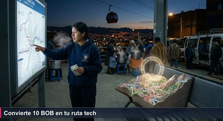 Pre-dawn scene at El Alto Teleférico Roja: a young student in a hoodie holds a crumpled 10 BOB note, tracing the cable car map while vendors and minibuses move behind her.
