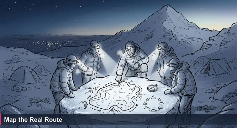 Pre-dawn base camp on Huayna Potosí: climbers in jackets with headlamps, a guide tracing a route on frosted rock, distant El Alto city lights below.