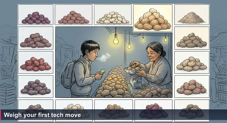 Early morning at Mercado Rodríguez, La Paz: student with backpack chooses potatoes while a casera weighs them on a creaking metal scale, mist visible in the cold.