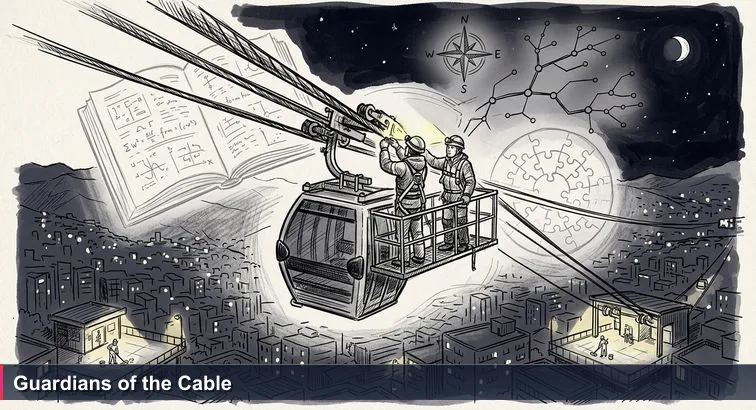 Two maintenance workers inspect a teleférico cable above La Paz at night, wearing harnesses and headlamps; empty stations and city lights glow below.