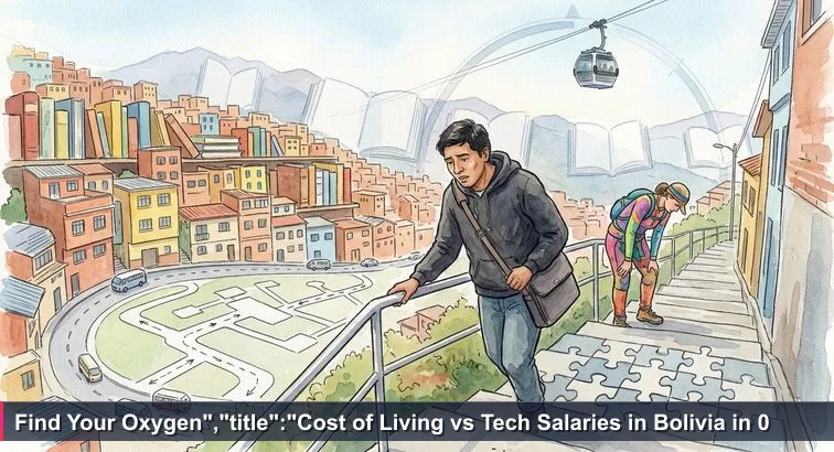 Young Bolivian developer paused halfway up a concrete staircase in La Paz, hand on the rail, laptop strap across his chest, with colorful hillside houses, minibuses below and a Mi Teleférico cabin above.