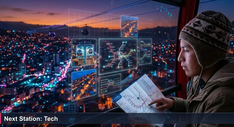 Inside a Mi Teleférico cabin at sunset: a young Bolivian holding a colorful transit map, with La Paz and El Alto spread below and cable lines crossing the city.