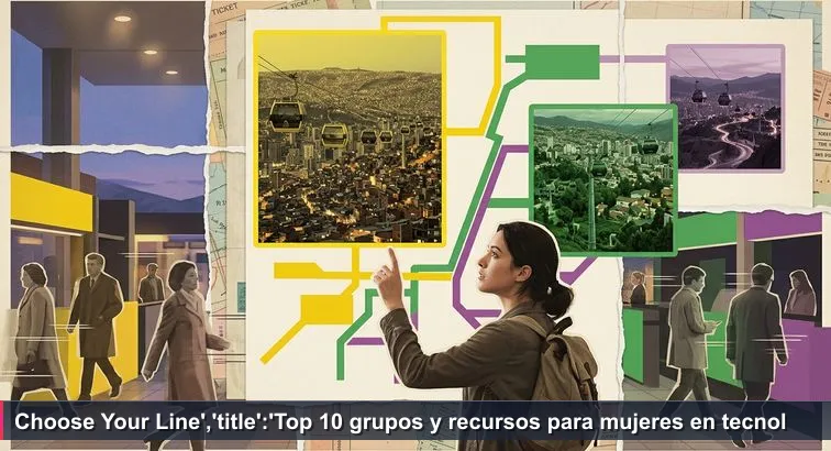 Young woman at Irpavi teleférico station at dusk, backpack on, pointing hesitantly at a colored cable-car map while La Paz and El Alto city lights and cabins glide outside the glass.