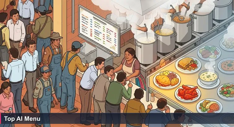 Midday inside Mercado Rodríguez, La Paz: crowded food stalls and a numbered whiteboard menu 1-10, office workers and miners leaning in, steam rising and handwritten notes visible.