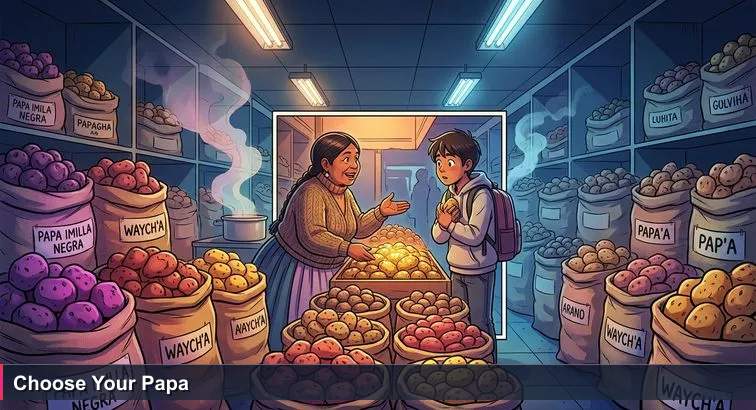 Pre-dawn Mercado Rodríguez aisle with sacks of potatoes, a casera weighing papas, and a young person with a laptop backpack hesitating under flickering lights.